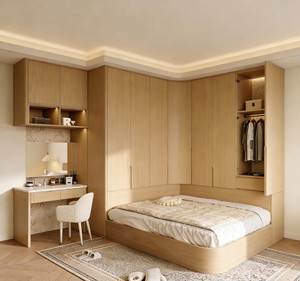 Dressing intégré haut de gamme en bois clair avec coiffeuse et éclairage intégrés, dressing de luxe, armoire en bois - Product Image 3