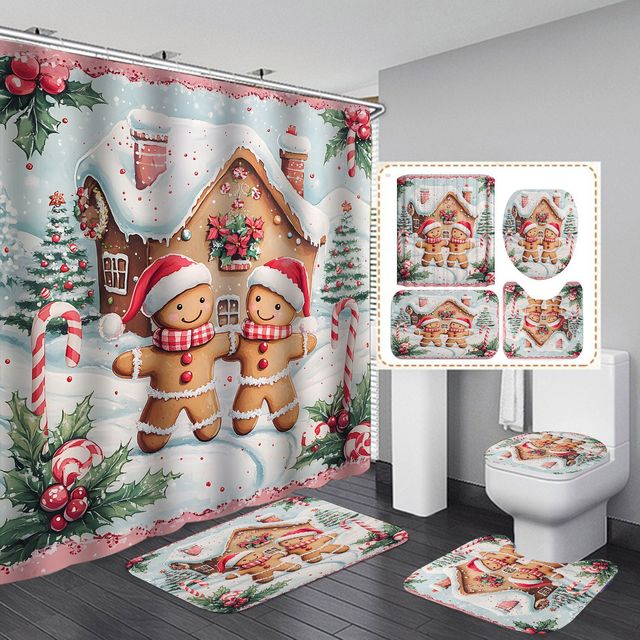 Christmas Series Gingerbread Man Shower Curtain 3D Digital Print Waterproof Polyester Bath Curtain Wholesale for Cross Border