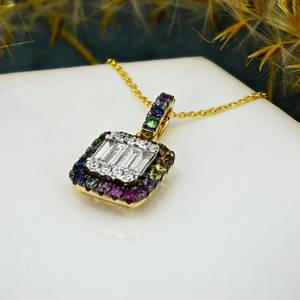 Collar de Diamantes de Lujo Minimalista con Zafiros Redondos y Baguette en Borde, Cierre de Anillo de Resorte, Cadena de Oro Sólido Amarillo de 14k, Calidad AAA - Product Image 5