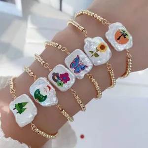 Adorabile braccialetto con perline in acrilico con fiore di Santa acqua dolce stampato con perline per bambino Mini bracciale regolabile con catena di perline