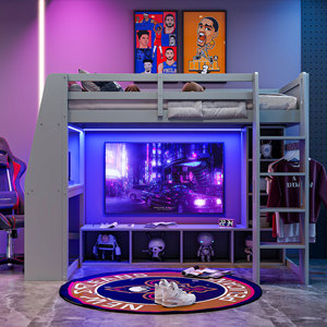 Children's <b>Bunk</b> <b>Bed</b> Multi Functional Combination <b>Bed</b> With Desk And Wardrobe Gray Solid <b>Wood</b> Frame Storage Bedroom Furniture - Product Image 1