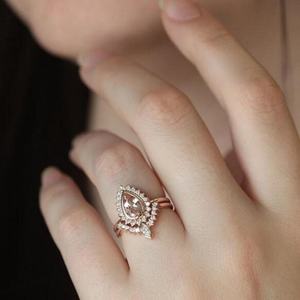 925 <b>Sterling</b> <b>Silver</b> Bezel Setting Sapphire Pear Cut Wedding Engagement <b>Rings</b> CZ Halo Diamond Trendy Unisex <b>Ring</b> <b>Set</b> - Product Image 5