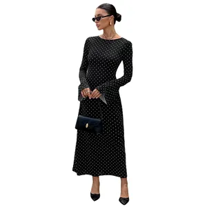 Abito Lungo a Pois Neri per Donna, <span class=keywords><strong>Vestito</strong></span> Aderente con <span class=keywords><strong>Schiena</strong></span> <span class=keywords><strong>Scoperta</strong></span>, Design Elegante in Stile Francese per Autunno Inverno, Vendita all'Ingrosso - Product Image 6