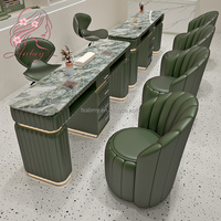 Ensemble de table de manucure double de luxe avec plateau en marbre, éclairage, collecteur de poussière et rangement pour poste de travail de salon de manucure