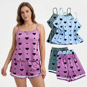 Conjunto de pijama con estampado de corazones para mujer, 2 uds., Top tipo camisola, pantalones cortos con cintura elástica, ropa de descanso de primavera, jersey cómodo hasta la rodilla, transpirable - Product Image 1