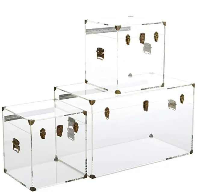 Coffre de rangement en acrylique et plexiglas, grande boîte, coffre avec boutons en métal doré, pour salon et table basse