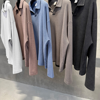 Haut à manches longues en maille gaufrée pour homme, 280G, coupe ample, effet délavé, col cranté, épaules tombantes, style rétro décontracté
