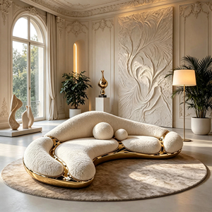 Divano Curvo in Bouclé Crema con Telaio in Fibra di Vetro Color Oro per Spazi Abitativi Moderni - Product Image 4