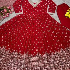 Collection indienne en gros pour femmes, ensemble Anarkali sans manches, longueur genou, à volants, imprimé Mulmul rouge, Kurti - Product Image 1