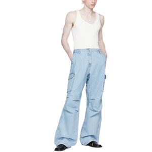 Prix de gros Jean cargo unisexe délavé bleu clair à jambe large, style mode décontracté urbain - Product Image 5