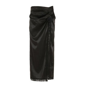 Women's Floral High-Thigh <strong>Wrap</strong> Midi <strong>Skirt</strong> with Pleated Detail Satin Lace Slit <strong>Skirt</strong> - Product Image 5