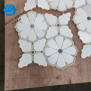 Flower pattern marble mosaic pure white marble chips inlaid with black dots