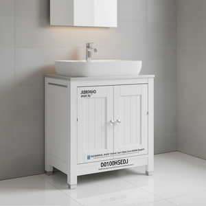 Solid <b>Pine</b> Wood <b>Bathroom</b> Sink <b>Cabinet</b> White Metal Accents Modern Vanity Floor Standing Rectangular Ceramic Basin 38-46 In - Product Image 2