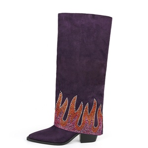 Bottines longues douces en suède avec superposition de petits diamants, bottes hautes pour femmes, bleu, talon épais, grande taille 45 - Product Image 2