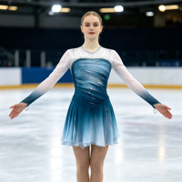 Robe de patinage artistique à manches longues dégradé bleu et blanc, ornée de strass et de mailles, pour compétition et spectacle (adultes et enfants)