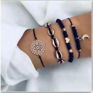 Conjunto de Pulseras de Moda con Cuentas, Cuerda de Cáñamo, Chapado en Oro, Estilo Bohemia, Regalo para Mujer, Joyería, 4 Piezas - Product Image 2