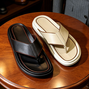 Men's Genuine Leather Flip Flops <b>Summer</b> EVA Outsole Cushioned Outdoor <b>Slippers</b> Solid Color Open Toe Casual Wear - Product Image 1