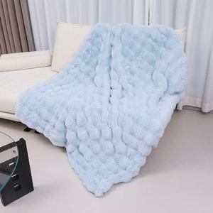 Couverture douillette en polaire polyester et flanelle, douce, unie, imitation fourrure de lapin, motif imprimé, pour lit double, toutes saisons - Product Image 2