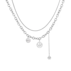 Индивидуальные ожерелья, персонализированные смайлик, женское массивное длинное ювелирное изделие, многослойное колье, цепочка из нержавеющей стали, ожерелье