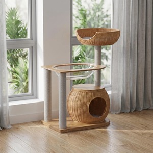 Árbol rascador para gatos de madera maciza y ratán integrado, casa para gatos, plataforma de salto, cápsula espacial, rascador pequeño para gatos - Product Image 4