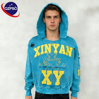 Sweat-shirt à capuche QZFSO personnalisé avec impression graphique DTG, effet délavé, style streetwear Y2K, coton lourd, effet vieilli vintage pour hommes