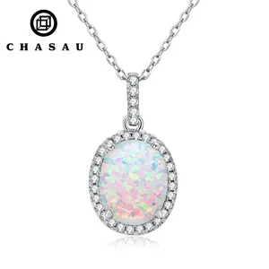 High Quality Gemstone Jewelry Synthetic Opal 925 Sterling Silver 10mm Oval Cut Halo Opal Pendant Necklace for women