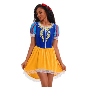 Robe blanche-neige pour femmes, Costume de Cosplay, tenue de fête d'halloween, jupe bleue et jaune avec bandeau - Product Image 4