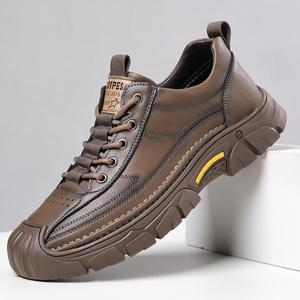 Chaussures en cuir décontractées à lacets pour hommes, bout rond, semelle extérieure en caoutchouc antidérapante, pour l'automne, usage extérieur, couleur unie, décoration à rayures - Product Image 2