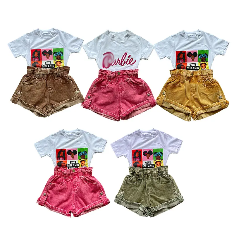 Summer casual children's clothing boutique children's clothing girl denim shorts set two piece children's clothing set