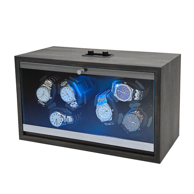 Luxury ODM Custom Logo Large 6 Slots Wood Active Mute Safe Automatic Watch Packaging Case Watch Winder Display Box with Led