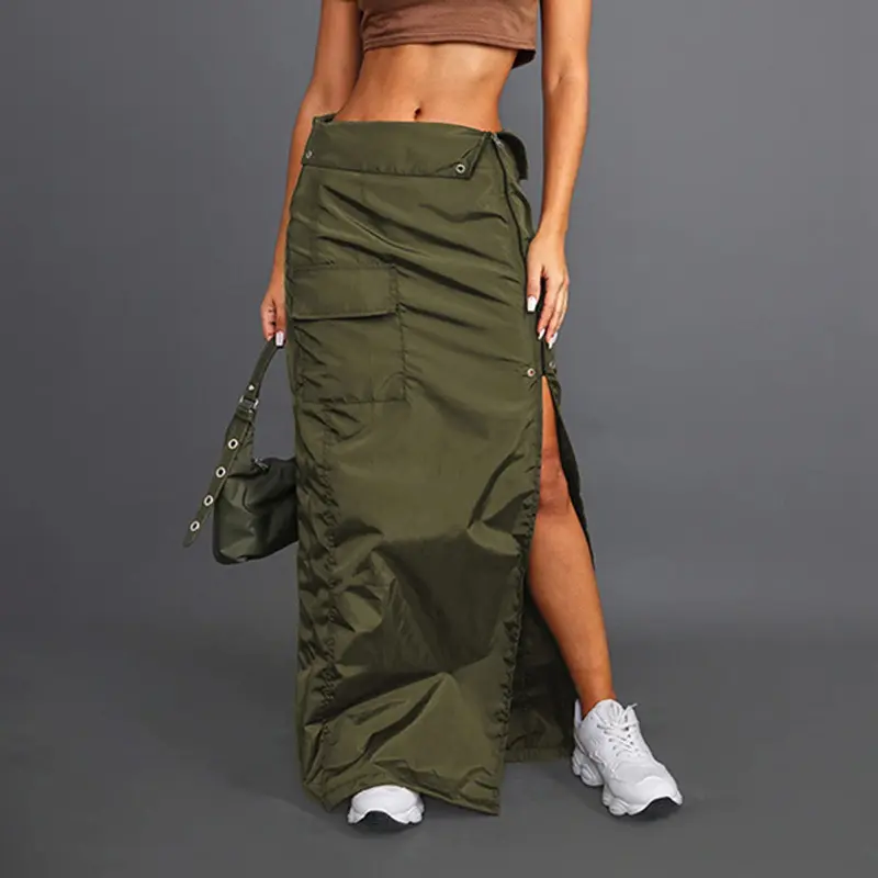 New Design women skirt lapel design zipper multi pocket long army green skirt for women cargo skirt
