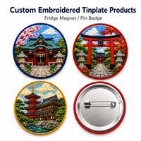 Aimants de réfrigérateur personnalisés en tôle avec broderie, vente en gros, motifs architecture, paysage, pagode Torii, boutons-épingles pour cadeau