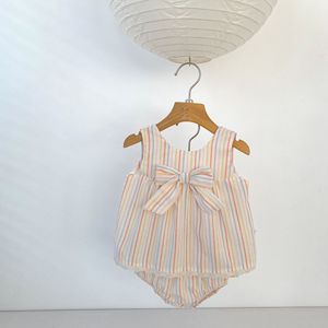 Conjunto de Ropa de Verano PP2026 para Bebés <span class=keywords><strong>y</strong></span> Niños Pequeños, Camisa a Rayas con Nudo <span class=keywords><strong>y</strong></span> Pantalones, 2 Piezas, Venta al Por Mayor - Product Image 1