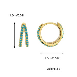 Pendientes Redondos de Doble Círculo en Turquesa Azul, Pendientes de Latón Chapados en Oro de Doble Capa, Estilo Francés, Pendientes Delgados - Product Image 6