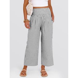 ANRABESS Pantalon palazzo rayé à jambes larges pour femme, en coton et fibre de bambou, respirant, avec poches, décontracté, pour la détente, bas de pyjama court - Product Image 2