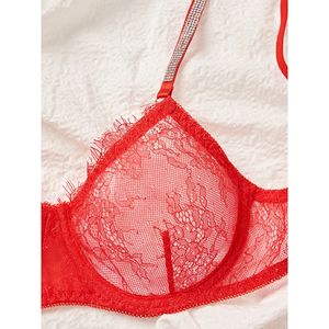 Hochwertige zeigt Brustwarzen Transparent Sheer Sexy Girls Red Bikini Dessous 2 Stück Spitze BHs Set - Product Image 4
