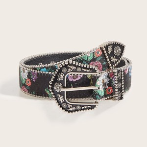 Cintura da Donna alla Moda con Motivo Floreale Bohémien Retrò, Distintiva Cintura Nera in PU dal Design Subculturale per Donne - Product Image 1