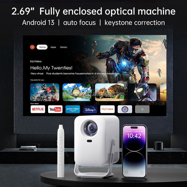 Mini 4K HD LED Smart Projector Android 13 Auto Focus 150 Lumens HIFI Stereo Speakers WiFi 6 Auto Keystone-Portable Home Cinema