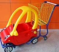 Chariot de courses pour enfants avec cabine de voiture simulée, coloris rouge et bleu