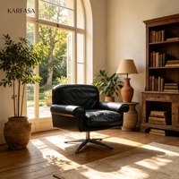 Fauteuil pivotant en cuir, style mid-century modern, avec accoudoirs roulés, base en métal, pour salon, lecture ou bureau