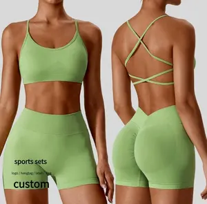 2PCS Yoga Set Seamless Women GYM Fitness Naked Feeling High Impact Bra High Waist Biker Shorts Scrunch Butt Bra Shorts