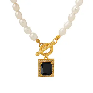 fashion jewelry necklaces freshwater pearl gold 18k black zircon necklace stainless steel women jewelry