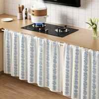 Rideau de cuisine moderne en mélange de lin, bleu à rayures florales, occultant, isolant, anti-poussière, avec poche pour tringle, pour évier ouvert, pour l'intimité