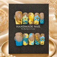 Vente en gros de faux ongles à presser vintage faits main en acrylique, avec motifs floraux 3D, perles et métal, forme amande française, nude, gaufrés, OEM ODM