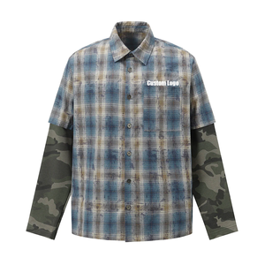Chemises streetwear rétro pour hommes, à structure superposée, effet usé, camouflage, manches longues, logo personnalisé, chemise en flanelle - Product Image 1