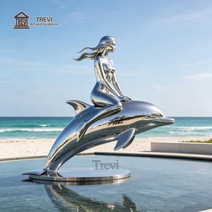 Sculpture de dauphin sirène en acier inoxydable TREVI |   Statue de sirène chevauchant <span class=keywords><strong>un</strong></span> dauphin, finition miroir, pour la <span class=keywords><strong>d</strong></span>écoration de piscines et de complexes hôteliers - Product Image 1