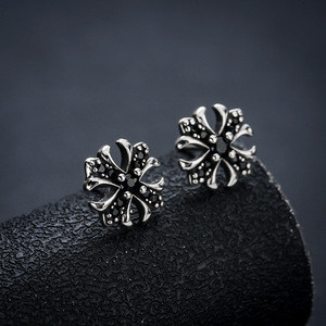 Silver Plated Punk Rock Gothic Luxury <strong>Mens</strong> Jewelry Iced Out Hip Hop Floral <strong>Cross</strong> Micro Pave CZ Copper Stud <strong>Earrings</strong> - Product Image 3
