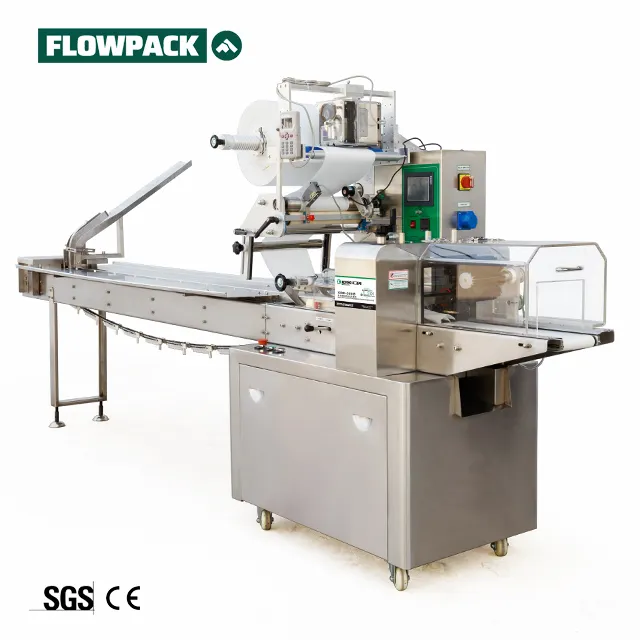 Compact wrapping flowpack per biscotti cockie flow pack machine magazine feeder big item on edge 2 stack bisquits packaging line