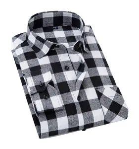 OEM/ODM camisas para hombres atacado alta qualidade inverno heavyweightblack branco algodão elegante xadrez rew borda flanela camisa