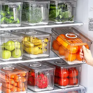 Caixa de plástico transparente para armazenar alimentos, organizador para geladeira, frutas e vegetais com tampa